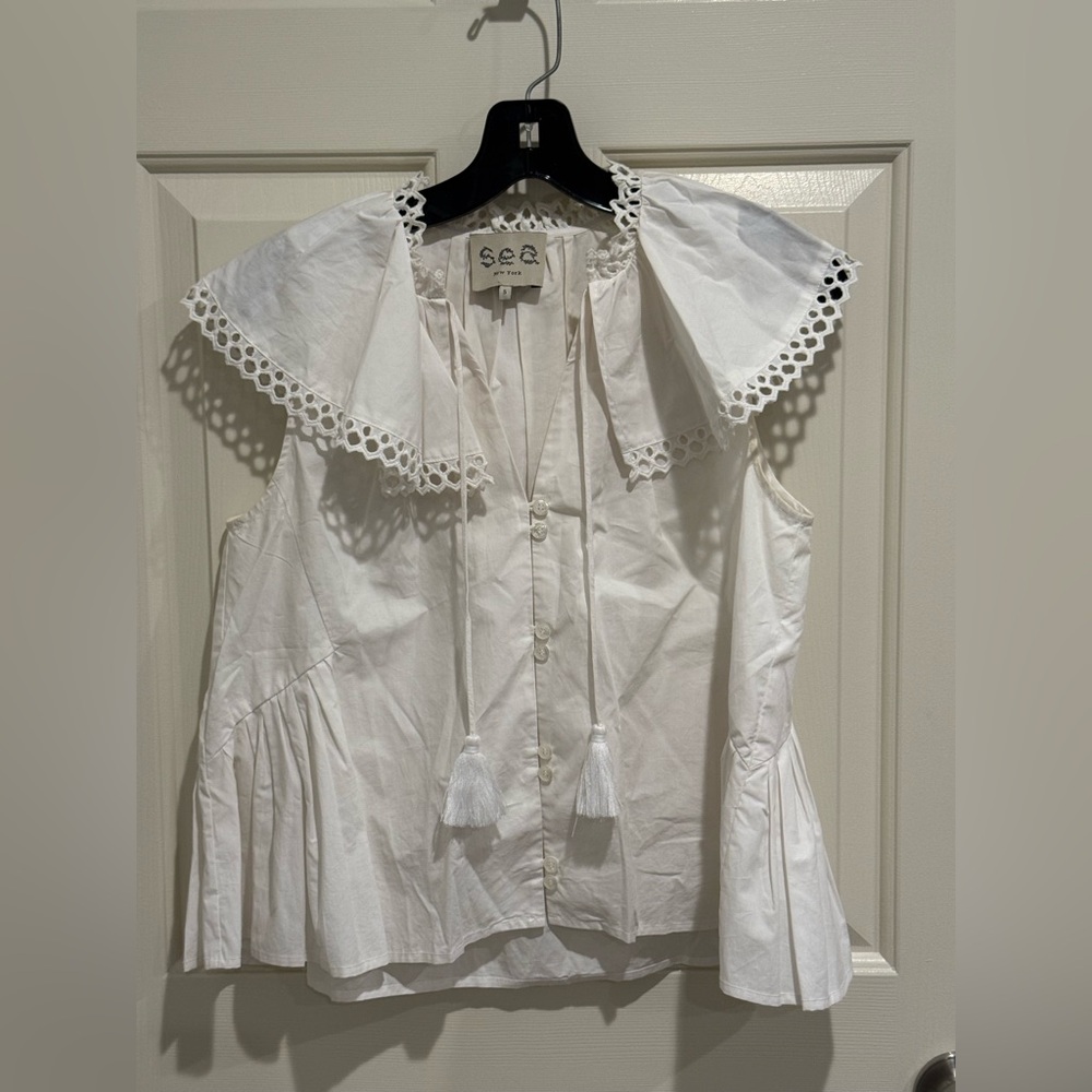 Sea New York White Blouse with Eyelet Collar